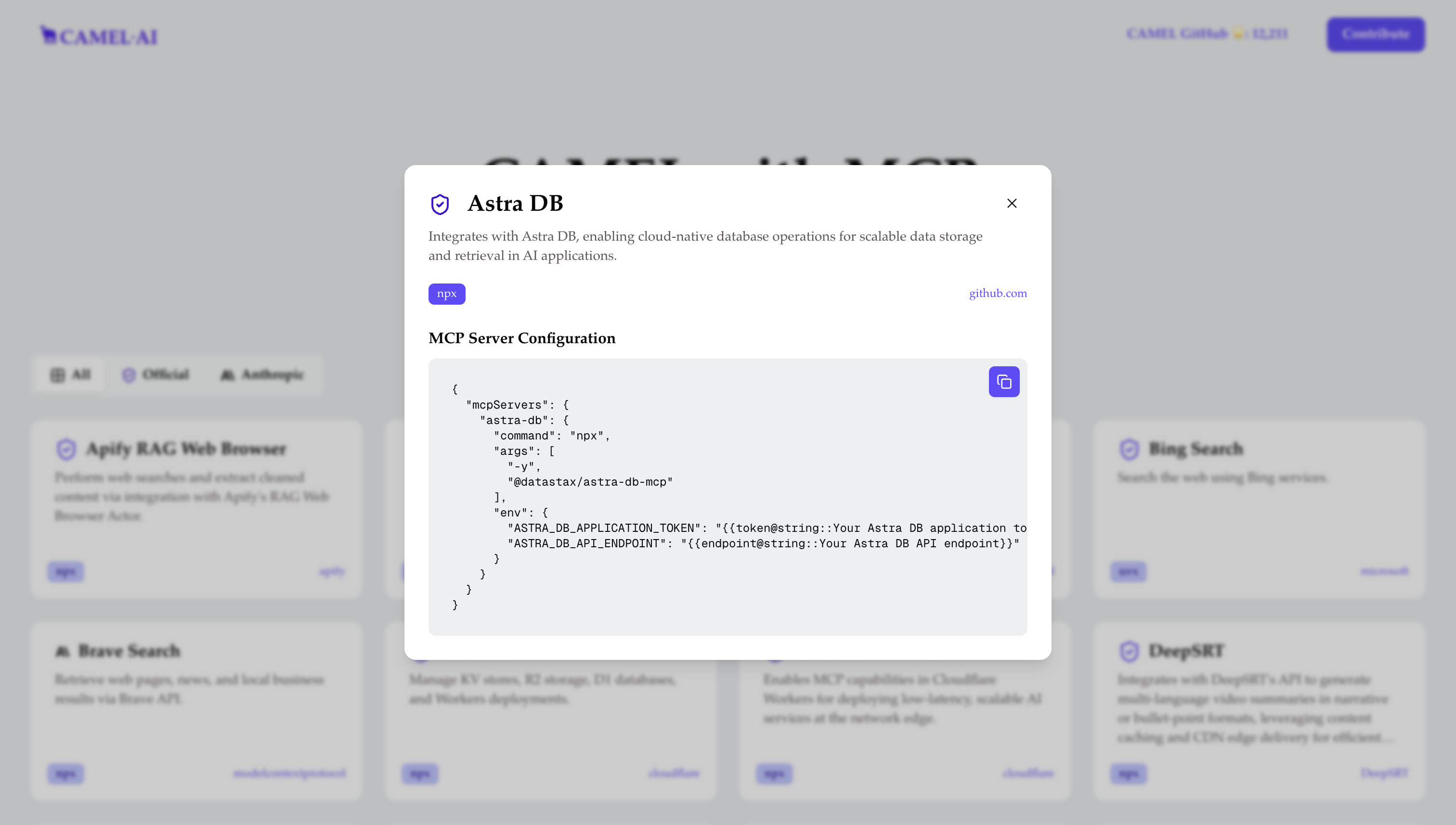 Astra DB MCP server configuration JSON in a modal