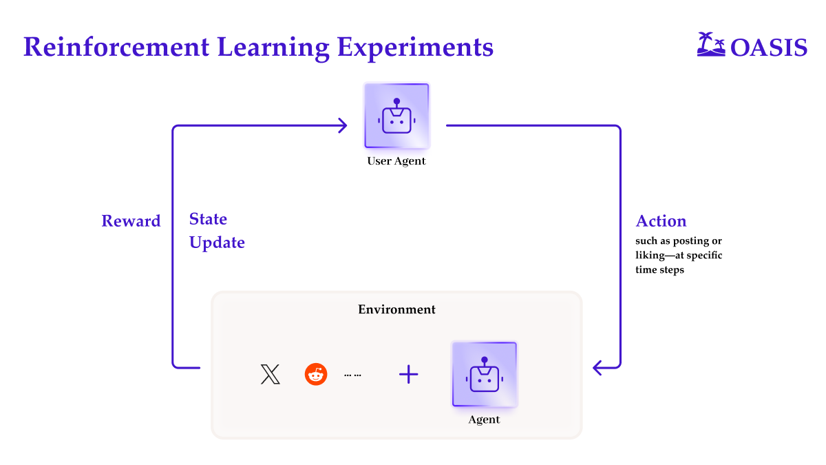 Reinforcement learning experiment loop in OASIS: a User Agent takes actions (e.g., posting, liking) in an AI agent environment (social platforms + agents), receives state updates and rewards to refine behavior.