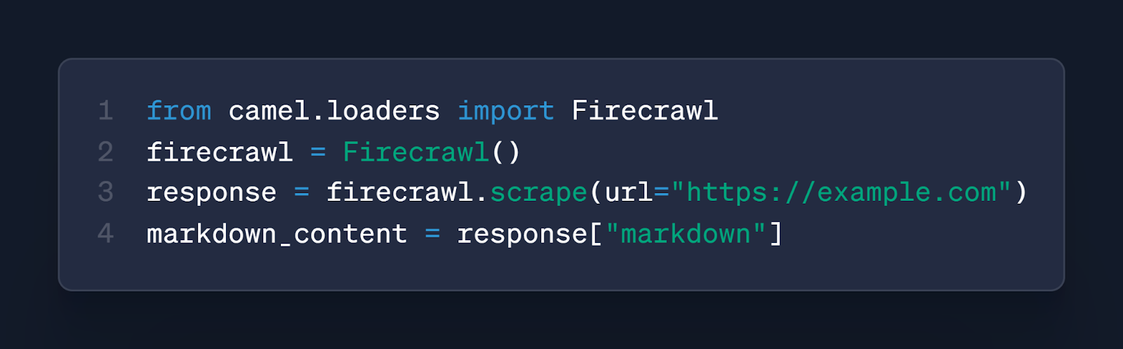 Python snippet showing Firecrawl extracting and converting website content to markdown using CAMEL loaders