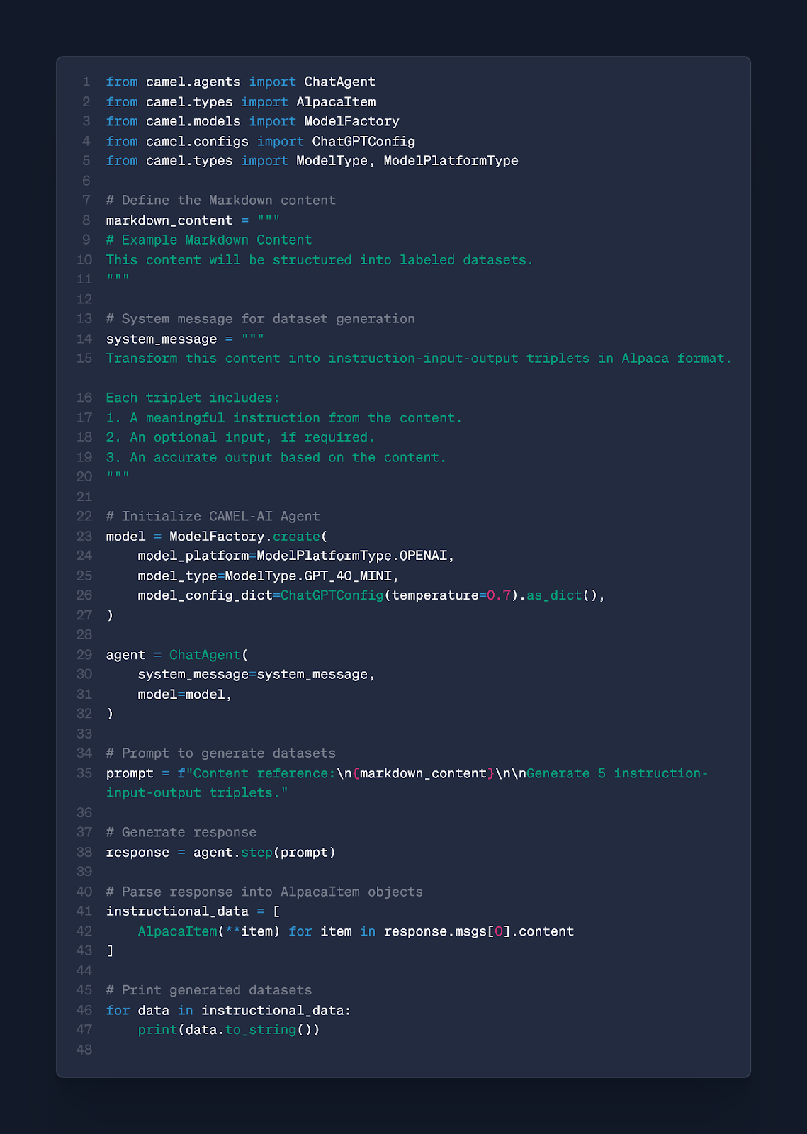 Full Python script demonstrating dataset generation with CAMEL-AI using markdown input and Alpaca format output