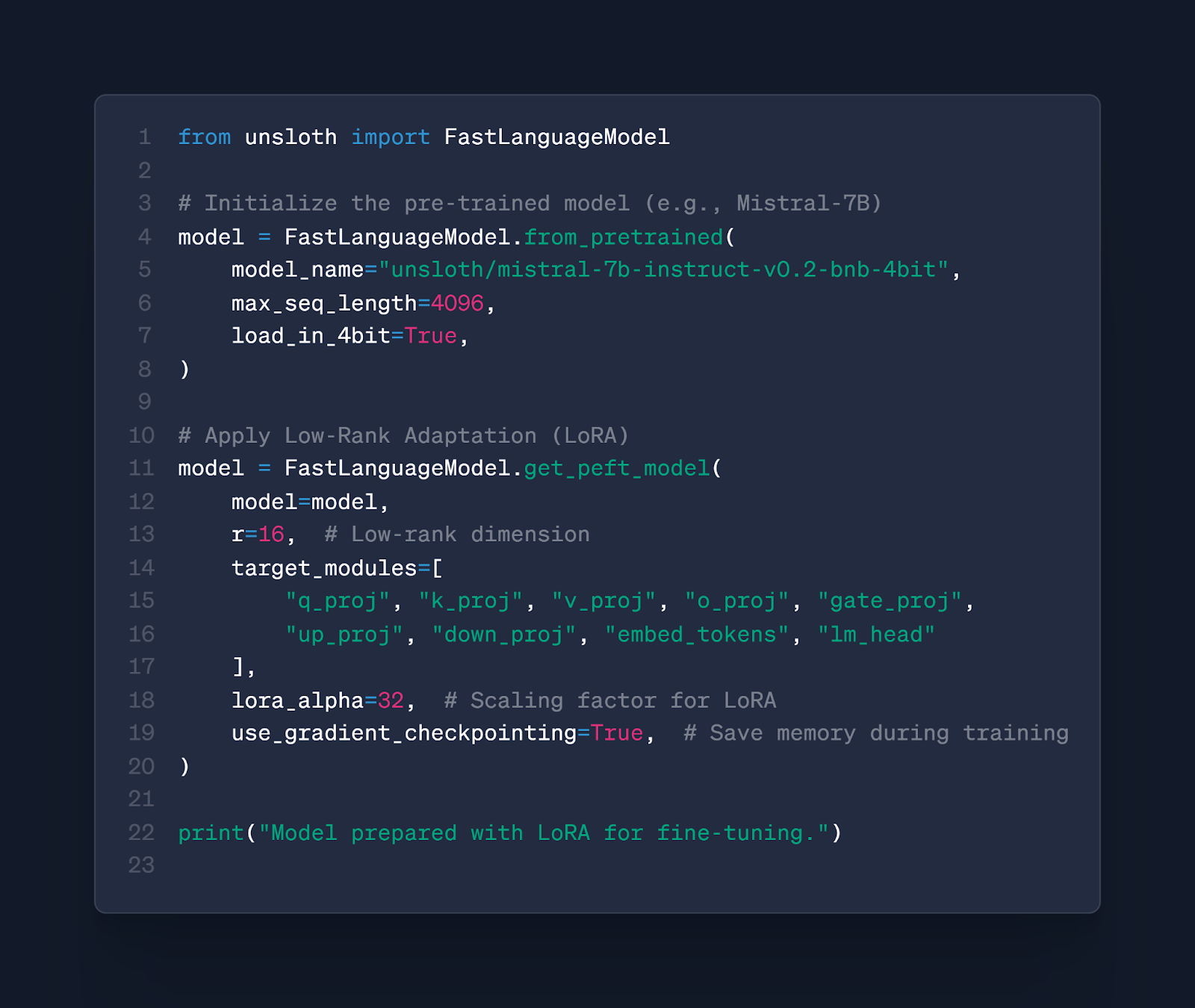 Python code applying LoRA adaptation to a pre-trained model using Unsloth