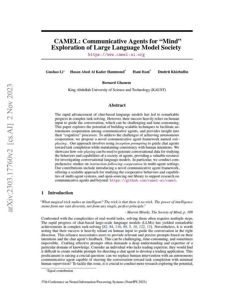 CAMEL: Communicative Agents for "Mind" Exploration of Large Language Model Society